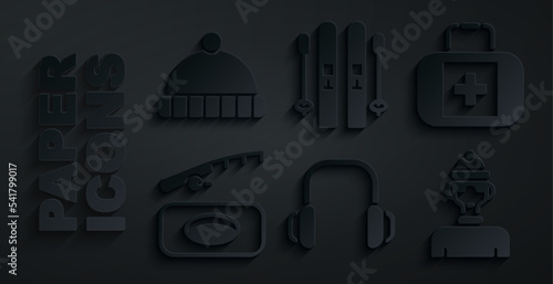 Set Winter headphones, First aid kit, fishing, athlete, Ski and sticks and hat icon. Vector