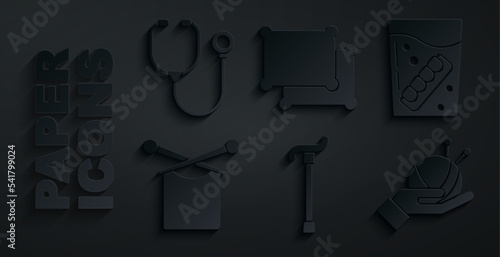 Set Walking stick cane, False jaw glass, Knitting, Yarn ball with knitting needles, Pillow and Stethoscope icon. Vector