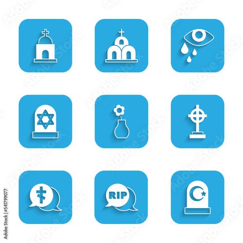 Set Flower in vase, Speech bubble rip death, Muslim cemetery, Grave with cross, star of david, Tear cry eye and Old crypt icon. Vector