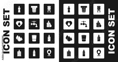 Set Water cooler, tap, Heart with water drop, Bottle of, Big bottle clean, Glass, and icon. Vector