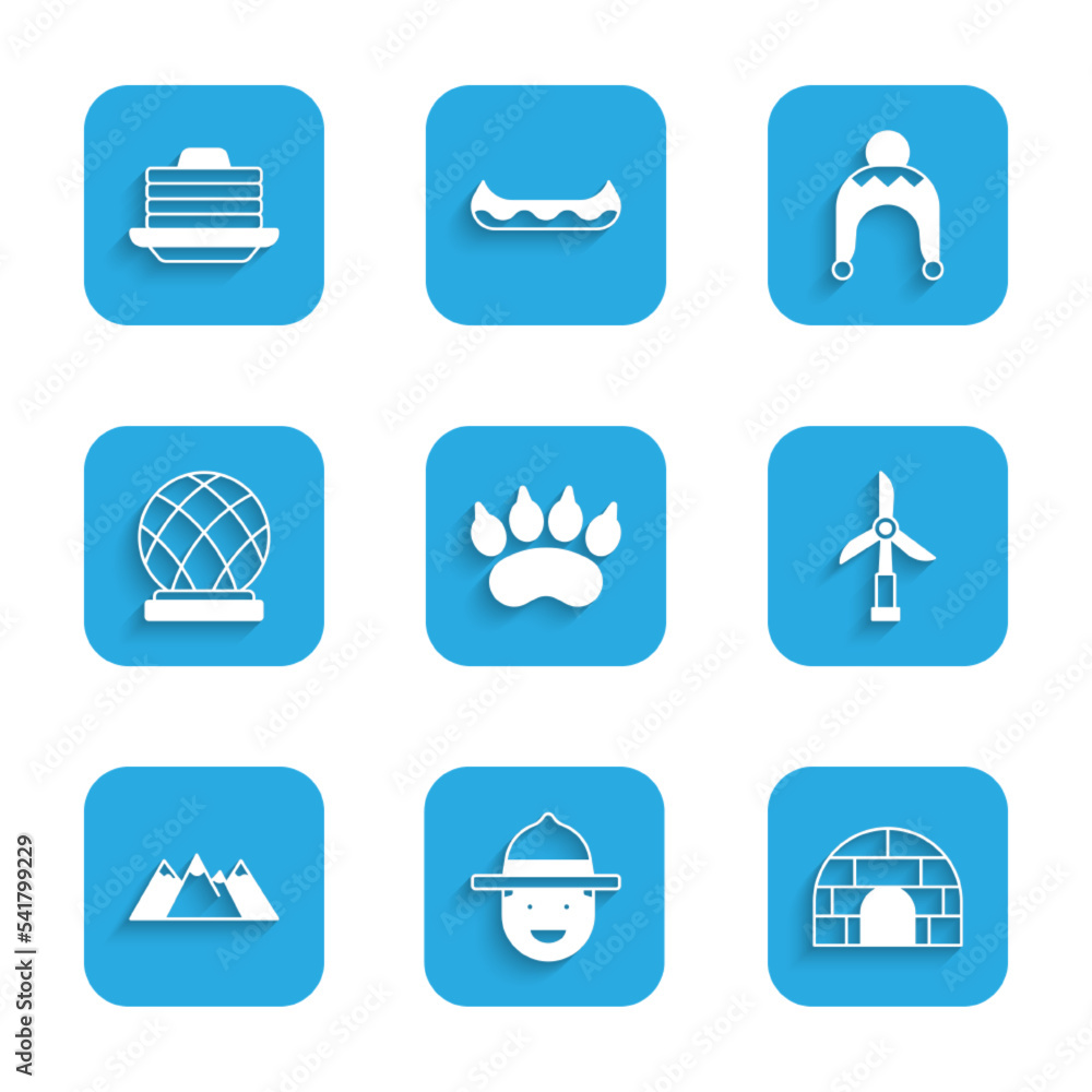 Set Bear paw footprint, Canadian ranger hat, Igloo ice house, Wind turbine, Mountains, Montreal Biosphere, Winter and Stack of pancakes icon. Vector Set Bear paw footprint, Canadian ranger hat, Igloo ice house, Wind turbine, Mountains, Montreal Biosphere, Winter and Stack of pancakes icon. Vector