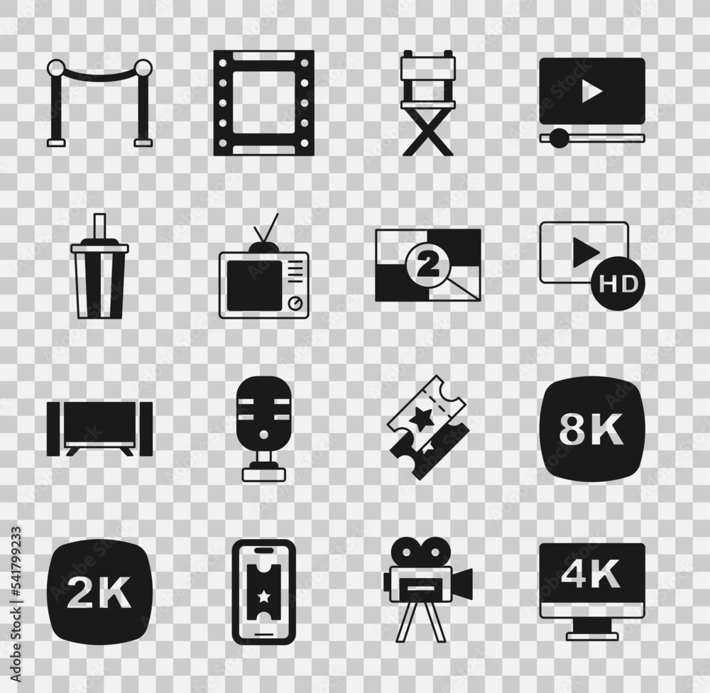 Set Screen tv with 4k, 8k Ultra HD, Hd movie, tape, frame, Director