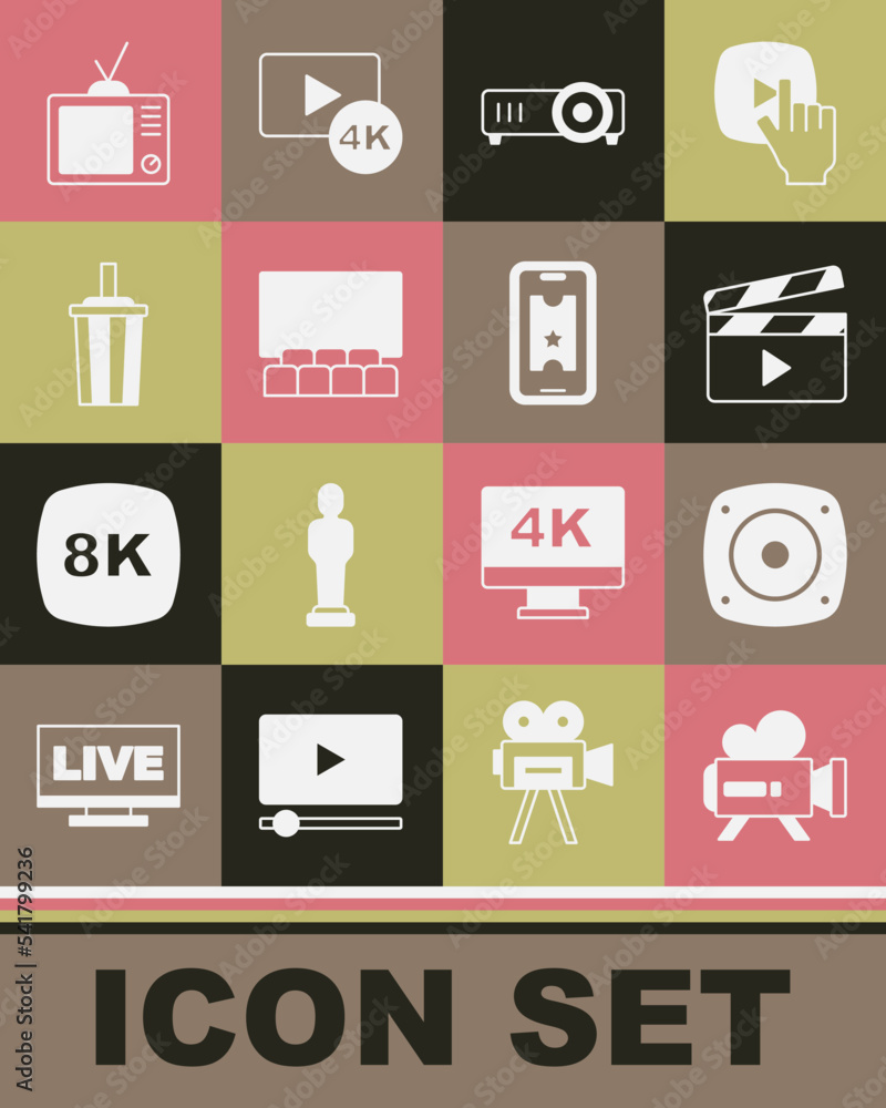 Set Retro cinema camera, Stereo speaker, Movie clapper, Movie, film, media projector, Cinema auditorium with screen, Paper glass water, tv and Buy ticket online icon. Vector Set Retro cinema camera, Stereo speaker, Movie clapper, Movie, film, media projector, Cinema auditorium with screen, Paper glass water, tv and Buy ticket online icon. Vector