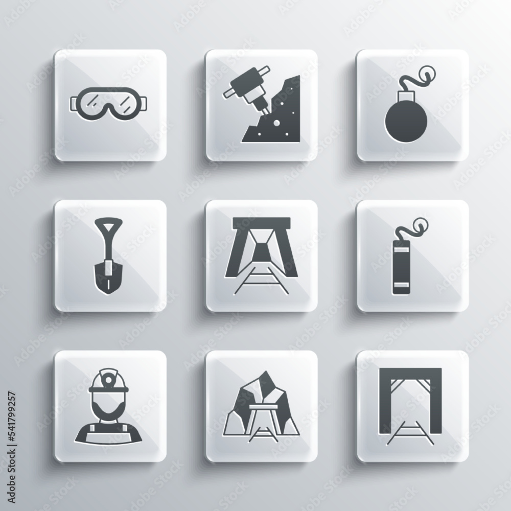 Set Mine entrance, Dynamite, Miner helmet, Shovel, Safety goggle glasses and Bomb icon. Vector Set Mine entrance, Dynamite, Miner helmet, Shovel, Safety goggle glasses and Bomb icon. Vector
