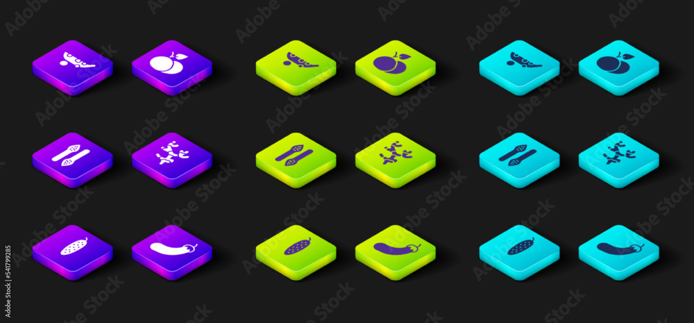 Set Cucumber, Eggplant, Asparagus, Ginger root, Mango fruit and Peas icon. Vector Set Cucumber, Eggplant, Asparagus, Ginger root, Mango fruit and Peas icon. Vector