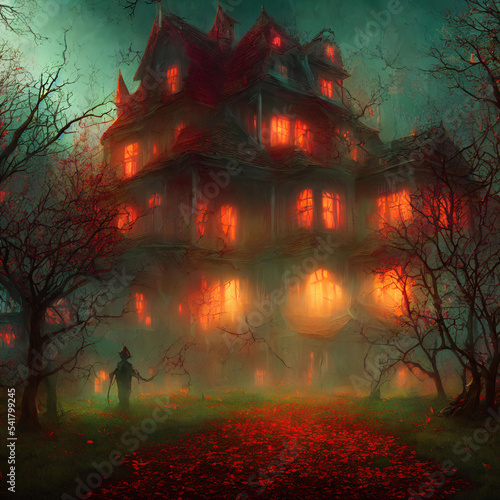 Wallpaper Mural An Illustration of an old haunted house with light in its windows surrounded by trees in a dark forest Torontodigital.ca