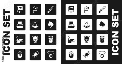 Set Medieval sword, Hunting horn, Viking ship Drakkar, book, Cloud and lightning, horned helmet, head and spear icon. Vector