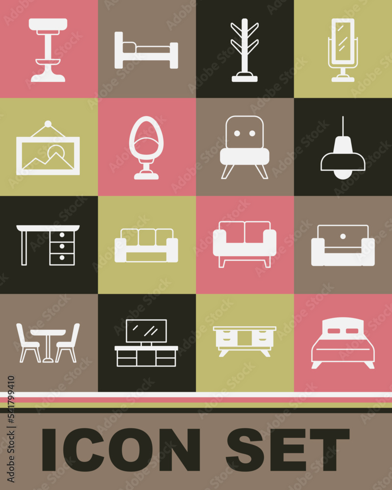 Set Big bed, Armchair, Lamp hanging, Coat stand, Picture, Chair and icon. Vector Set Big bed, Armchair, Lamp hanging, Coat stand, Picture, Chair and icon. Vector