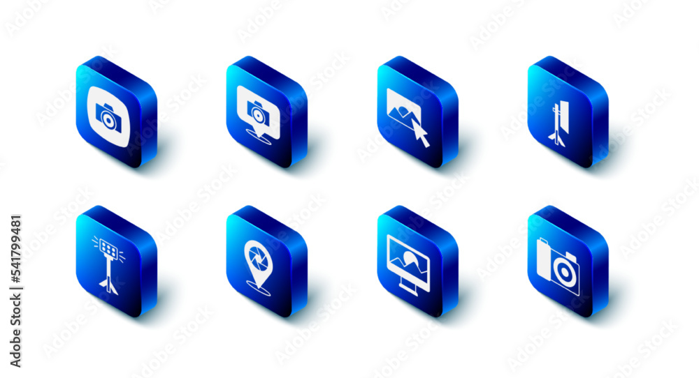 Set Photo camera, retouching, Studio light bulb softbox, Camera shutter, and icon. Vector