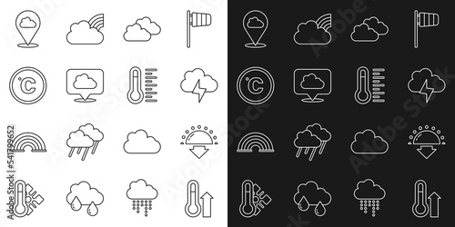 Set line Meteorology thermometer, Sunset, Storm, Cloud, Location cloud, Celsius, and icon. Vector