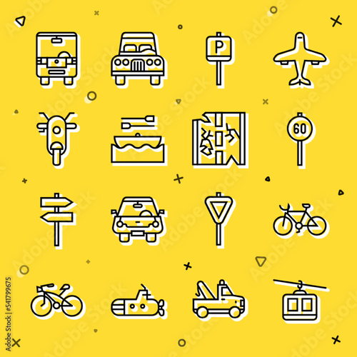 Set line Cable car, Bicycle, Speed limit traffic, Parking, Boat with oars, Scooter, Bus and Broken road icon. Vector