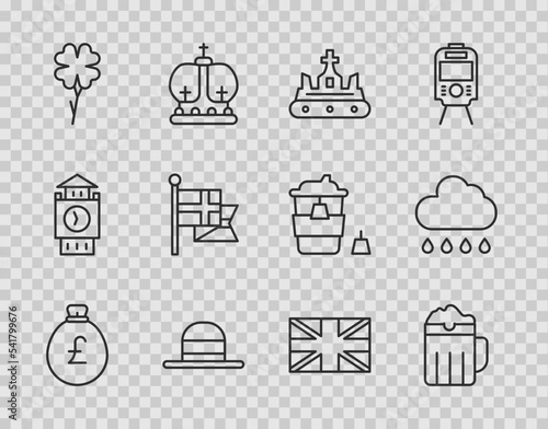 Set line Money bag with pound, Wooden beer mug, British crown, Elegant women hat, Four leaf clover, England flag flagpole, Flag of Great Britain and Cloud rain icon. Vector