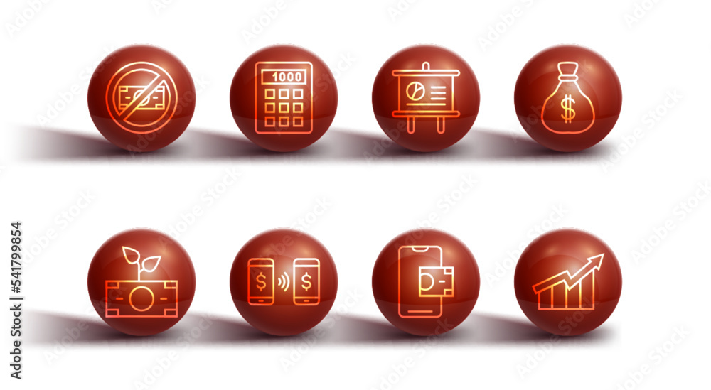 Set line No money, Money plant in the pot, bag, Mobile banking, payment transfer, Calculator, Financial growth increase and Chalkboard with diagram icon. Vector Set line No money, Money plant in the pot, bag, Mobile banking, payment transfer, Calculator, Financial growth increase and Chalkboard with diagram icon. Vector