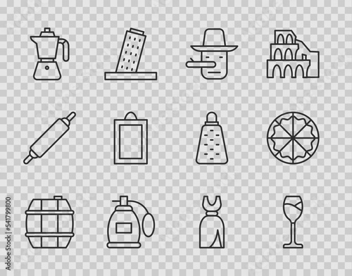 Set line Barrel for wine, Wine glass, Pinocchio, Perfume, Coffee moca pot, Picture, Woman dress and Pizza icon. Vector