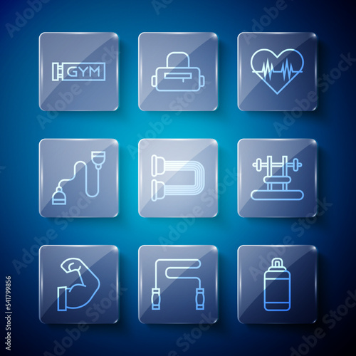Set line Bodybuilder muscle, Jump rope, Punching bag, Heart rate, Chest expander, Location gym and Bench with barbel icon. Vector
