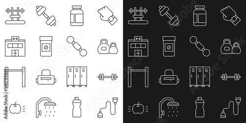 Set line Chest expander, Barbell, Kettlebell, Sports nutrition, Anabolic drugs, Gym building, Bench with barbel and Dumbbell icon. Vector