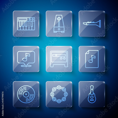 Set line Vinyl disk, Tambourine, Guitar, Clarinet, amplifier, Musical note, synthesizer and book with icon. Vector