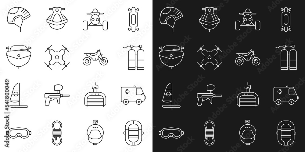 Set line Rafting boat, Ambulance and emergency car, Aqualung, ATV motorcycle, Drone flying, Speedboat, Helmet and Mountain bike icon. Vector