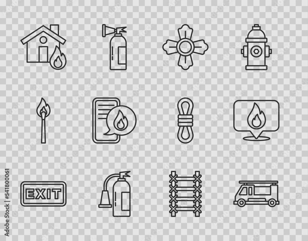 Set line Fire exit, truck, Firefighter, extinguisher, burning house, Phone with emergency call 911, escape and Location fire flame icon. Vector Set line Fire exit, truck, Firefighter, extinguisher, burning house, Phone with emergency call 911, escape and Location fire flame icon. Vector