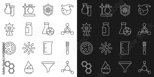 Set line Molecule, Test tube and flask, Shield protecting from virus, Chemical explosion, and radiation icon. Vector