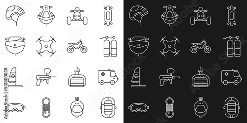 Set line Rafting boat  Ambulance and emergency car  Aqualung  ATV motorcycle  Drone flying  Speedboat  Helmet and Mountain bike icon. Vector