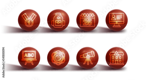 Set line Medal, Chalkboard, Online class, Telescope, Atom, School backpack, building and Calendar icon. Vector