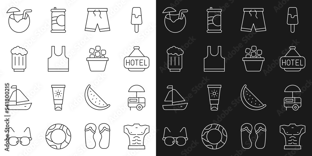 Set line Bodybuilder muscle, Fast street food cart, Signboard with text Hotel, Swimming trunks, Sleeveless T-shirt, Wooden beer mug, Coconut cocktail and Ice bucket icon. Vector