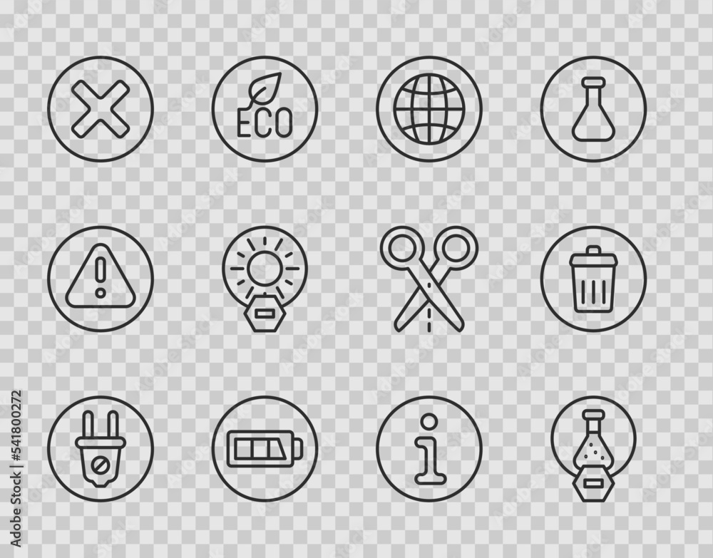 Set line Electric plug, Test tube and flask, Social network, Battery, X Mark, Cross in circle, No direct sunlight, Information and Trash can icon. Vector