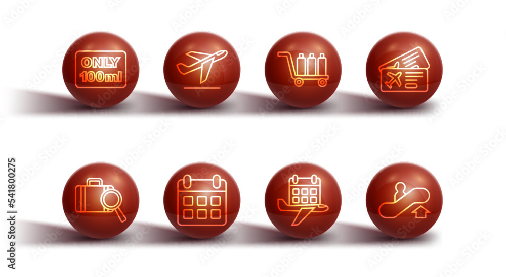 Set line Liquids in carry-on baggage, Lost, Airline ticket, Calendar and airplane, Plane takeoff, Escalator up and Trolley icon. Vector Set line Liquids in carry-on baggage, Lost, Airline ticket, Calendar and airplane, Plane takeoff, Escalator up and Trolley icon. Vector