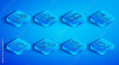 Set line Wine truck, Farmer the hat, Wooden barrel for wine, Tap, tasting, degustation, temperature, Decanter and glass icon. Vector