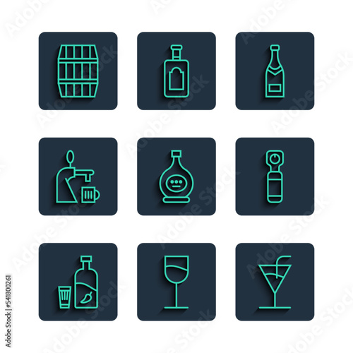 Set line Vodka with pepper and glass, Wine, Cocktail, Champagne bottle, Bottle of cognac or brandy, Beer tap, Wooden barrel and opener icon. Vector