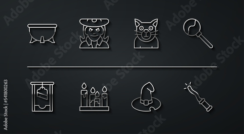 Set line Halloween witch cauldron, Guillotine, Lollipop, Witch hat, Burning candle, Magic wand and Cat icon. Vector