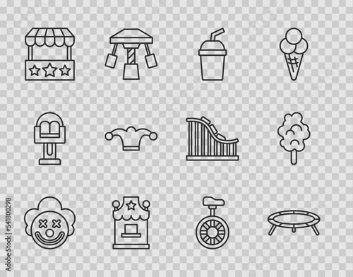 Set line Clown head, Jumping trampoline, Paper glass with water, Ticket box office, Jester hat bells, Unicycle or one wheel bicycle and Cotton candy icon. Vector