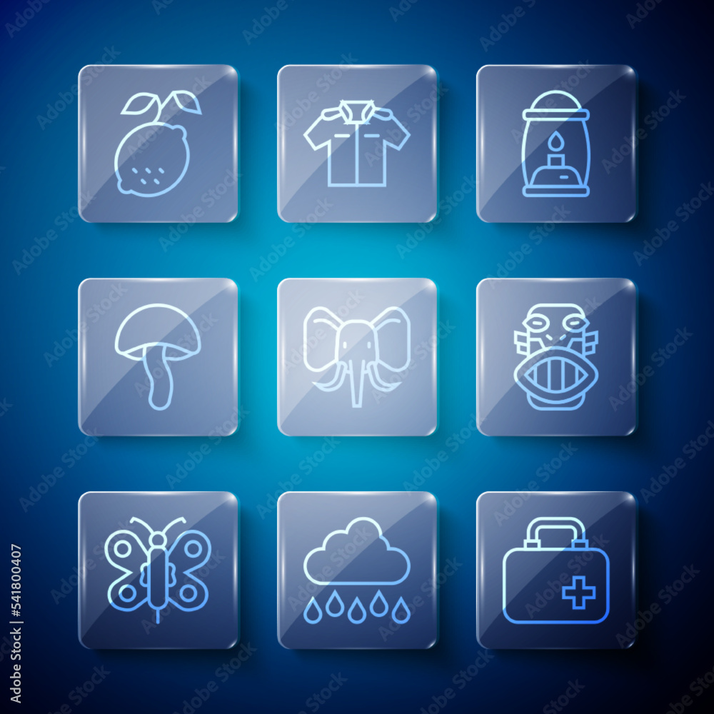 Set line Butterfly, Cloud with rain, First aid kit, Camping lantern, Elephant, Mushroom, Lemon and Mexican mayan or aztec mask icon. Vector Set line Butterfly, Cloud with rain, First aid kit, Camping lantern, Elephant, Mushroom, Lemon and Mexican mayan or aztec mask icon. Vector