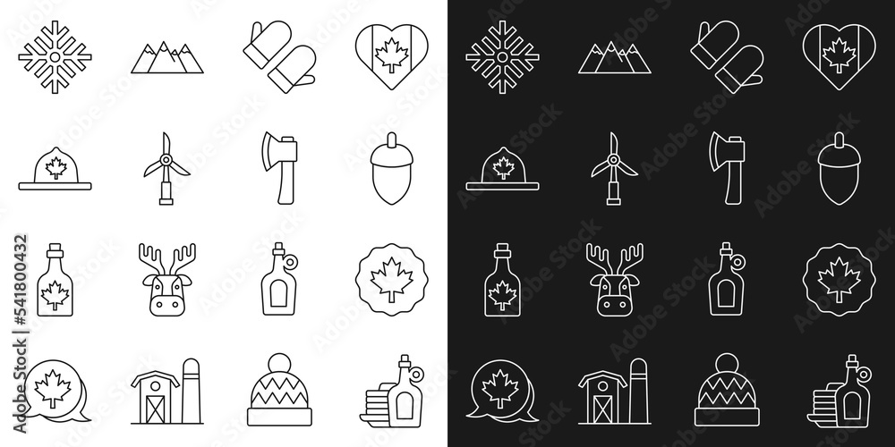 Set line Syrup with pancakes, Canadian maple leaf, Acorn, Christmas mitten, Wind turbine, ranger hat, Snowflake and Wooden axe icon. Vector