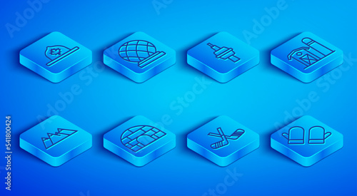 Set line Canadian ranger hat, Montreal Biosphere, TV CN Tower in Toronto, Igloo ice house, Ice hockey sticks, Farm, Mountains and Christmas mitten icon. Vector