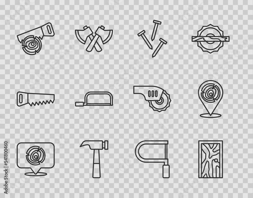 Set line Wooden logs, Closed door, Metallic nails, Hammer, Hand saw and, Hacksaw, and icon. Vector
