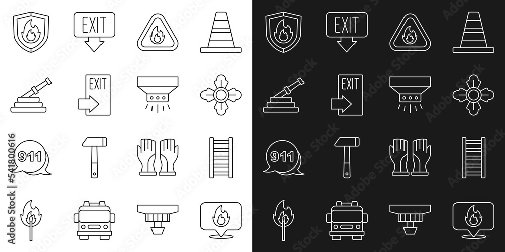 Set line Location with fire flame, Fire escape, Firefighter, in triangle, exit, hose reel, protection shield and sprinkler system icon. Vector Set line Location with fire flame, Fire escape, Firefighter, in triangle, exit, hose reel, protection shield and sprinkler system icon. Vector