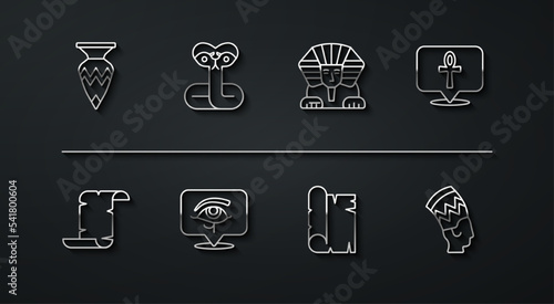 Set line Egyptian vase, Papyrus scroll, Cross ankh, Eye of Horus, Snake, Nefertiti and Sphinx icon. Vector