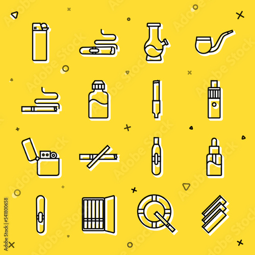 Set line Cigarette rolling papers, Vape liquid bottle, mod device, Bong, Lighter and icon. Vector