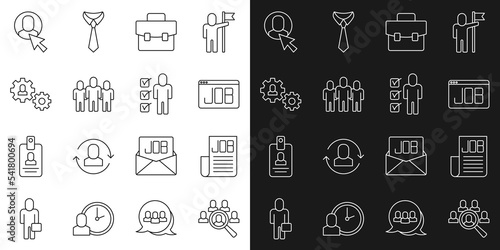 Set line Magnifying glass for search job, Search, Briefcase, Project team base, Human with gear, Worker and Resume icon. Vector