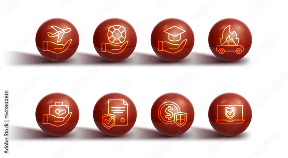 Set line Plane in hand, Travel suitcase, Burning car, Money with shield, Contract, Lifebuoy, Insurance online and Education grant icon. Vector Set line Plane in hand, Travel suitcase, Burning car, Money with shield, Contract, Lifebuoy, Insurance online and Education grant icon. Vector