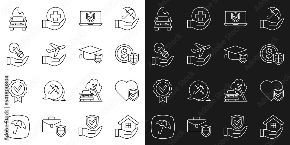 Set line House in hand, Life insurance with shield, Money, Insurance online, Plane, Light bulb, Burning car and Graduation cap icon. Vector
