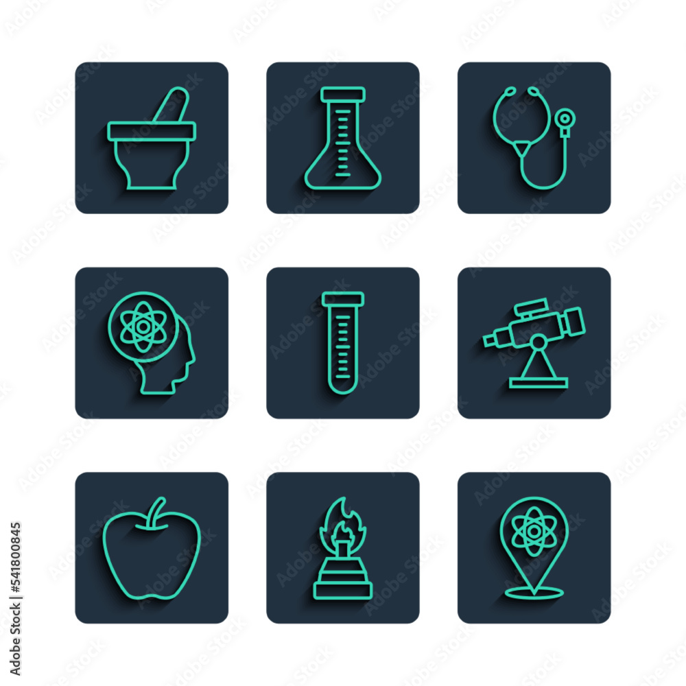 Set line Apple, Alcohol or spirit burner, Atom, Stethoscope, Test tube, Mortar and pestle and Telescope icon. Vector Set line Apple, Alcohol or spirit burner, Atom, Stethoscope, Test tube, Mortar and pestle and Telescope icon. Vector