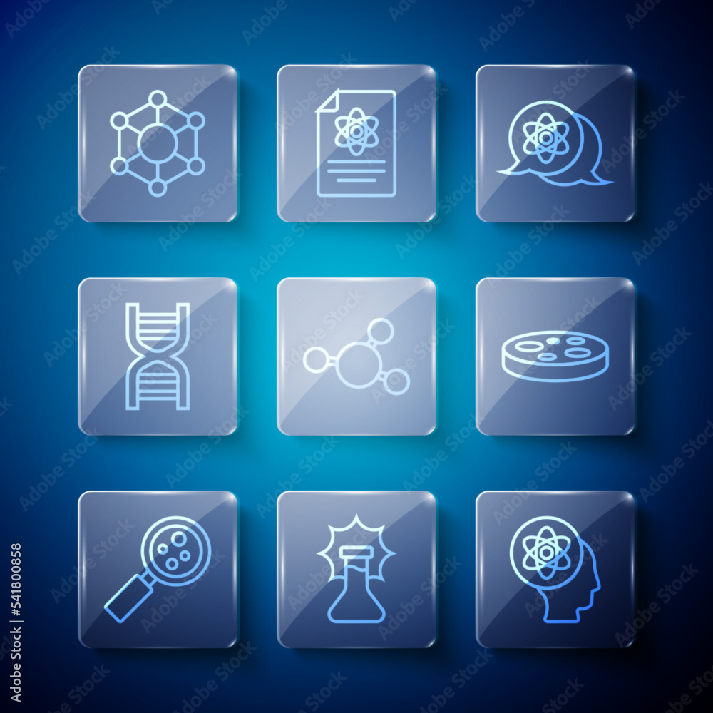 Set line Microorganisms under magnifier, Explosion in the flask, Atom, Molecule, DNA symbol, and Petri dish with bacteria icon. Vector