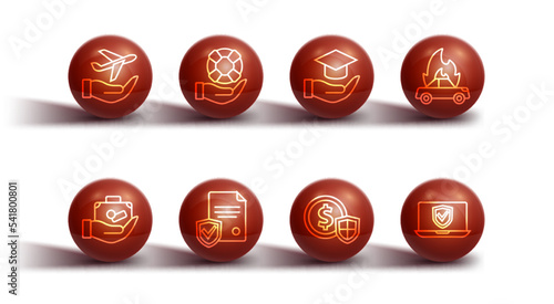Set line Plane in hand, Travel suitcase, Burning car, Money with shield, Contract, Lifebuoy, Insurance online and Education grant icon. Vector