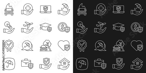 Set line House in hand, Life insurance with shield, Money, Insurance online, Plane, Light bulb, Burning car and Graduation cap icon. Vector