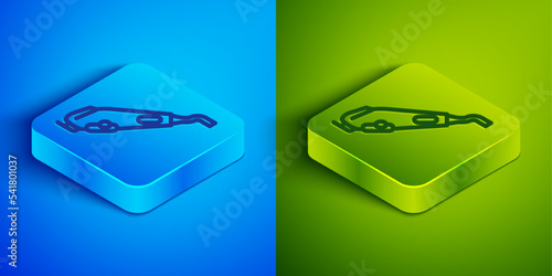 Isometric line Electrical hair clipper or shaver icon isolated on blue and green background. Barbershop symbol. Square button. Vector