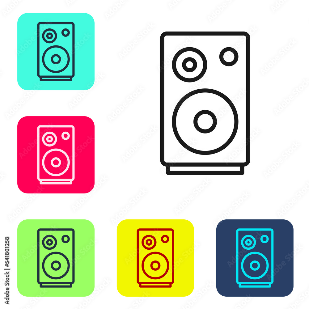 Black line Stereo speaker icon isolated on white background. Sound system speakers. Music icon. Musical column speaker bass equipment. Set icons in color square buttons. Vector Black line Stereo speaker icon isolated on white background. Sound system speakers. Music icon. Musical column speaker bass equipment. Set icons in color square buttons. Vector