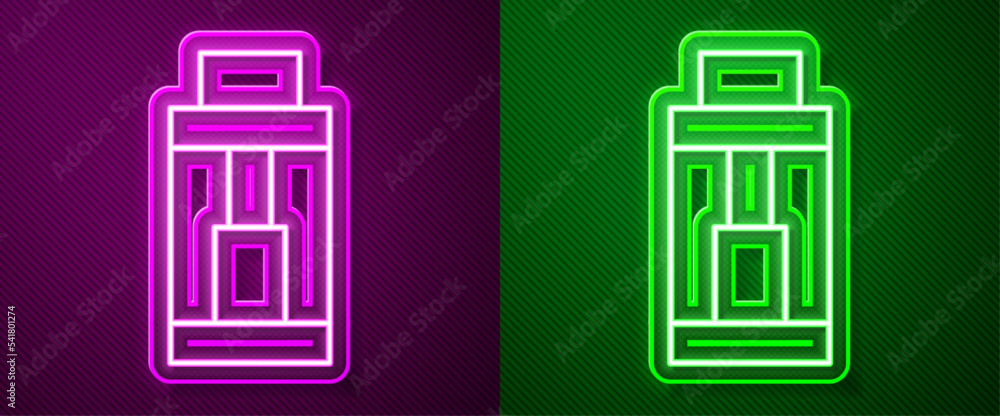 Glowing neon line Vape mod device icon isolated on purple and green background. Vape smoking tool. Vaporizer Device. Vector Glowing neon line Vape mod device icon isolated on purple and green background. Vape smoking tool. Vaporizer Device. Vector